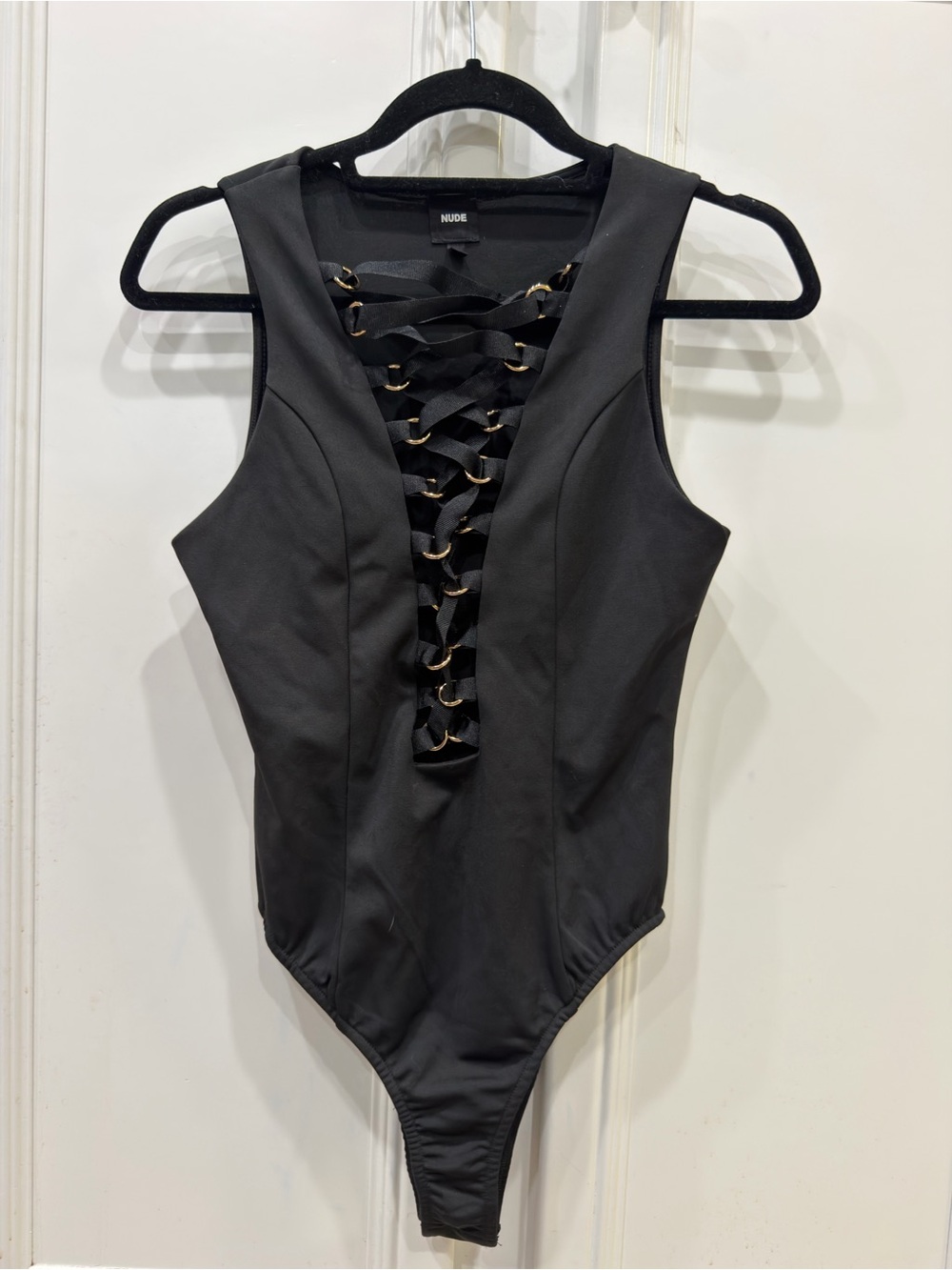 New NUDE Black Lace-Up Front Fitted Dress with Gold Rings